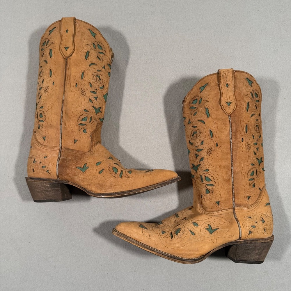 Laredo Tan Leather Teal Floral Cutout Western Cowgirl Boots 52102 Womens 8.5M